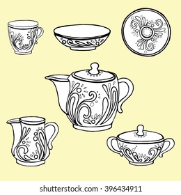 A tea set. Dinner. Decorative cups. Kettle. Line art. Background. Stylized flowers. Leaves. Coffee set. Dishes. Teapot. 