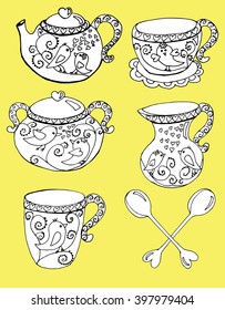 A tea set. Dinner. Decorative cups. Kettle. Line art. Background. Stylized flowers. Leaves. Coffee set. Dishes. Teapot. 