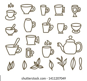 Tea set in doodle style. Cups and kettele. Hot beverage stuff. Vector illustration. 