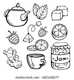 Tea set doodle set. Vector black-and-white illustration isolated on a white background. A set of items.