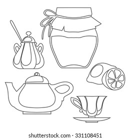 Tea set, five contour images, set of design elements.