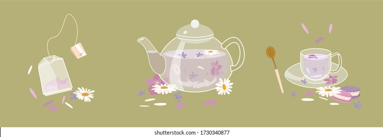 Tea set flat cartoon vector illustration. Glass teapot, spoon, cup, tea bag, tea service, saucer, lilac, chamomile, petals, macaroons.