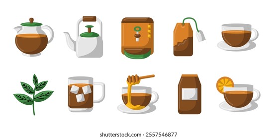 Tea set flat design illustration, tea party essentials vector image, tea and teapot flat icons, tea drink clipart design template elements