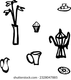 Tea set, flower vase, coffee pot, cups, donut.