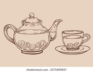 Tea set with glass teapot and cup, ginger. Hand drawn vector illustration in outline style.