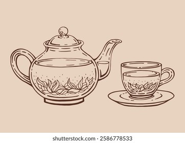 Tea set with glass teapot and cup, karkade. Hand drawn vector illustration in outline style.