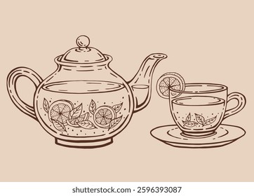 Tea set with glass teapot and cup, lemon slices, tea leaves. Hand drawn vector illustration