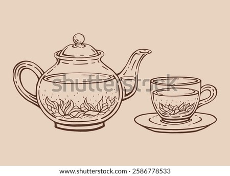 Tea set with glass teapot and cup, karkade. Hand drawn vector illustration in outline style.