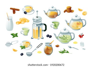 Tea set green, herbal. Teapots, cups, tea bag, strainer, cookies. Objects are isolated on a white background.