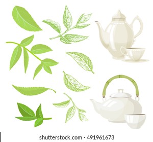 Tea set with hand draw leaves and teapots.