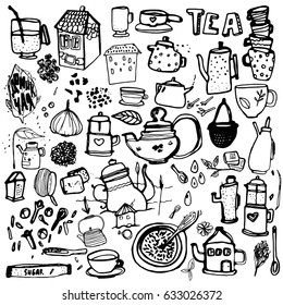 Tea set. Hand drawn food elements and kettles. Set for menu decoration. Cartoon. Simple stylized forms. Black and white. Tea set. Tea set. for menu decoration.for menu decoration