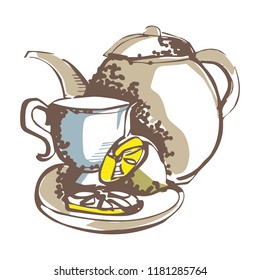 Tea Set. Hand Drawn Illustration. 