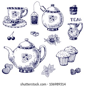  Tea set, hand-drawn illustration