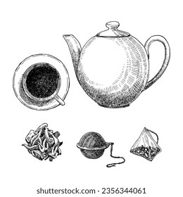 Tea Set. Hand-drawn illustration of  Tea Pot, Tea Bag and Tea Strainer. Ink. Vector