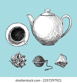 Tea Set. Hand-drawn illustration of  Tea Pot, Tea Bag and Tea Strainer. Ink. Vector