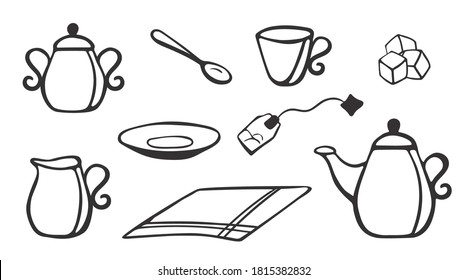 Tea set in hand-drawning style on white background. Kitchen utensil outline.