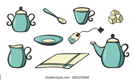 Tea set in hand-drawning style on white background. Kitchen utensil outline.