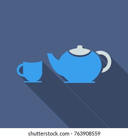 tea set. Happy tea drinking in flat style with shadow