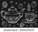 Tea set with healthy green tea, berries. Teapot and cup. Hand drawn vector illustration in outline style.