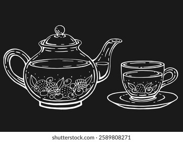 Tea set with healthy green tea, berries. Teapot and cup. Hand drawn vector illustration in outline style.