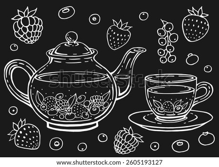 Tea set with healthy green tea, berries. Teapot and cup. Hand drawn vector illustration in outline style.