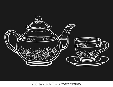 Tea set with healthy green tea, chamomile. Teapot and cup. Hand drawn vector illustration.