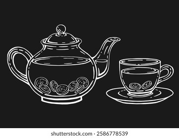 Tea set with healthy green tea, ginger. Teapot and cup. Hand drawn vector illustration in outline style.