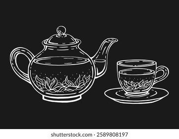 Tea set with healthy green tea, hibiscus. Teapot and cup. Hand drawn vector illustration.