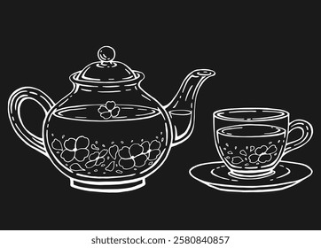 Tea set with healthy green tea, jasmine. Teapot and cup. Hand drawn vector illustration in outline style.