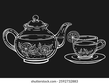 Tea set with healthy green tea, lemon slices, tea leaves. Teapot and cup. Hand drawn