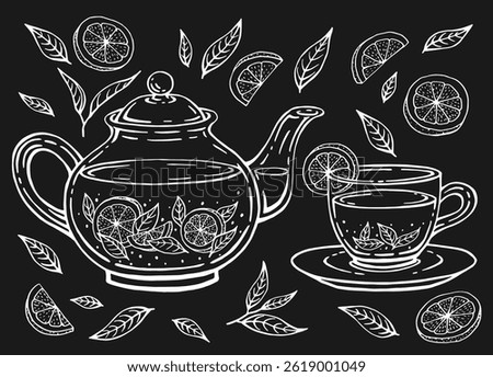 Tea set with healthy green tea, lemon slices, tea leaves. Teapot and cup. Hand drawn