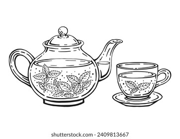 Tea set with healthy green tea, mint leaves. Teapot and cup. Hand drawn vector illustration in outline style.