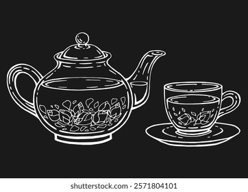 Tea set with healthy green tea, rose. Teapot and cup. Hand drawn vector illustration.