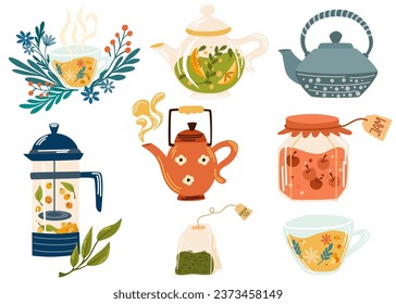 Tea set. Herbs, herbal tea, homeopathic naturopathic essentials, healing plants. Homeopathy, aromatherapy, natural traditional medicine. Flat graphic vector illustration isolated on white background