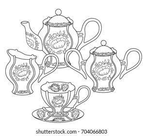 Tea set with high details. Adult antistress coloring page with english national dishes. Black white utensils isolated on white background. Sketch for tattoo, poster, print, t-shirt in zentangle style.