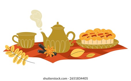 Tea Set and Homemade Pie on Colourful Blanket with Autumn Leaves in Flat Style