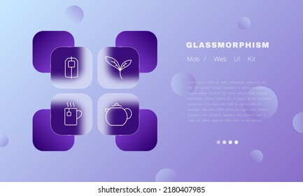 Tea set icon. Tea bag, leaves, leaf, plant, hot, water, beverage, cup, teapot, herbal, brew, black, green. Drink concept. Glassmorphism style. Vector line icon for Business and Advertising.