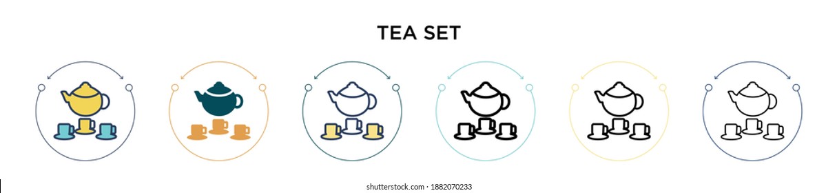 Tea set icon in filled, thin line, outline and stroke style. Vector illustration of two colored and black tea set vector icons designs can be used for mobile, ui, web