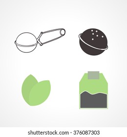 Tea set icons with tea strainer and tea bag and leaves