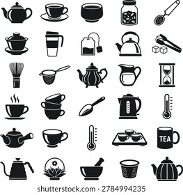 Tea set icons: teapots cups strainers accessories with tea bag, beverage