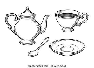 Tea Set Illustration Detailed Line Art for Beverage Service and Kitchenware Design