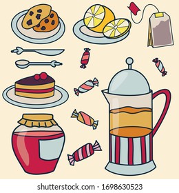 Tea set illustration in playful cartoon style
