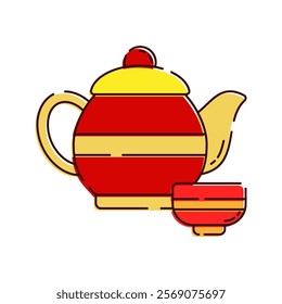 Tea Set Illustration, A red and gold Chinese teapot with cups, symbolizing hospitality and togetherness.