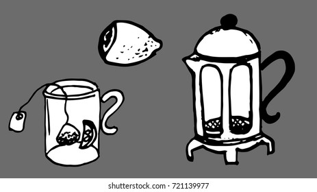 Tea set illustrations: tea mug, french press, lemon