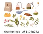 Tea set, isolated infusion bags and lemon, cinnamon sticks and metal calico, flowers and herbs for brewing. Vector delicious and organic tisane, natural beverage with aromatic flavor and taste