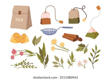 Tea set, isolated infusion bags and lemon, cinnamon sticks and metal calico, flowers and herbs for brewing. Vector delicious and organic tisane, natural beverage with aromatic flavor and taste