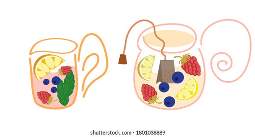 The tea set is isolated on a white background. Teapot and mug with mint, lemon, tea bag and blueberries and raspberries. Vector drawn by hand, illustration in a flat style. Custard fruit drink.