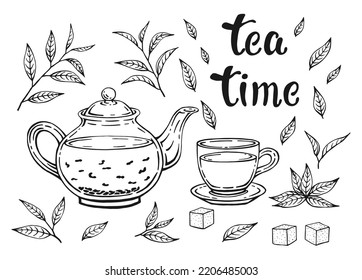 Tea set isolated on white background. Leaves, teapot and cup. Hand drawn vector illustration in outline style.