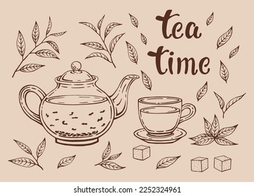 Tea set isolated on white background. Leaves, teapot and cup. Hand drawn vector illustration in outline style.