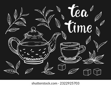 Tea set isolated on white background. Leaves, teapot and cup. Hand drawn vector illustration in outline style.